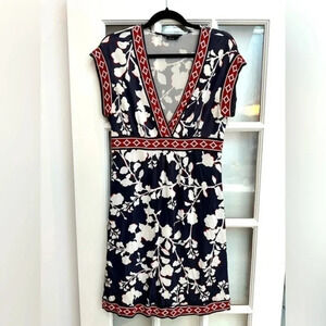 BCBGMAXAZRIA Navy Red Bohemian Floral Shift Dress Size M Medium Stretchy